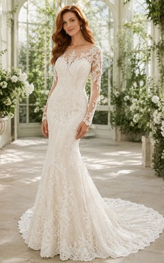 Robe de mariée sirène en dentelle harmonieuse, col montant, manches courtes, traîne chapelle, applications florales, pour le soir.