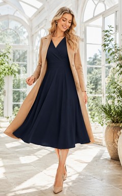 Dark Navy V-Neck Sleeveless Chiffon Coat A-Line Mother Dress