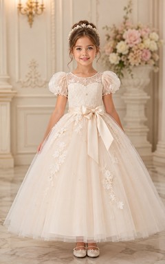 A-line Floor Length Puff Sleeve Tulle Lace Flower Girl Dress with Ivory puff sleeves