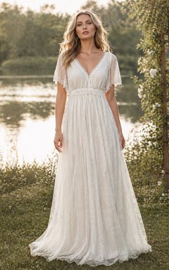 Vestido de novia plisado de gasa con escote imperio y mangas cortas, estilo bohemio campestre