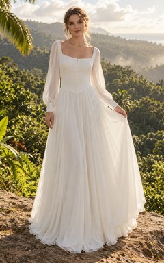 Chiffon-Brautkleid mit eckigem Ausschnitt, langen Ärmeln, Knopfleiste am Oberteil und A-Linien-Schleppe