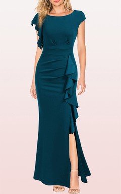 Robe fourreau sexy sans manches en jersey, coupe bateau, fente sur le devant et volants
