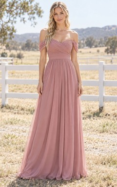 Robe de demoiselle d'honneur longue en mousseline froncée, épaules dénudées, rose poudré, style champêtre