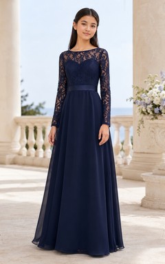 Dunkelblaues Brautjungfernkleid im A-Linien-Stil mit Schmucksteinen, langen Ärmeln und Spitze, schlicht und elegant