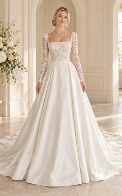 Square Neck Long Lace Sleeve Satin A-Line Wedding Dress