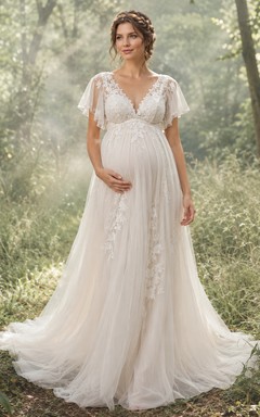 Maternity Wedding Dress V-Neck Flutter Sleeve Lace Woodland Bridal Gown with Chapel Train