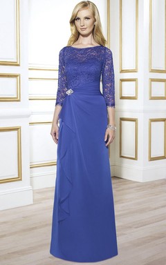 3-4 Sleeve Lace Bateau Neck Chiffon Formal Dress With Broach And Draping