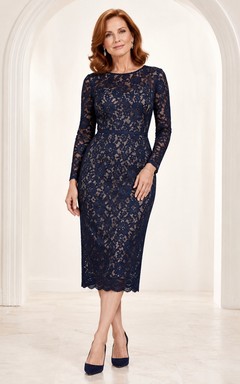 Ink Navy Elegant High-Neck Long-Sleeve Lace Sheath Tea-Length Formal Dress
