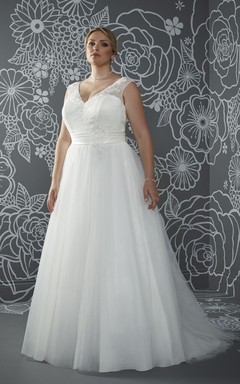 A-Line Floor-Length V-Neck Sleeveless Tulle Sweep Train Low-V Back Appliques Dress