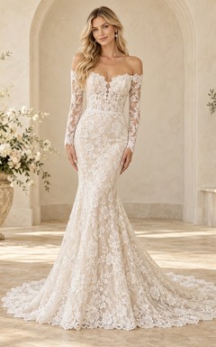 Robe de mariée sirène à manches longues, épaules dénudées, décolleté cranté et traîne en dentelle florale