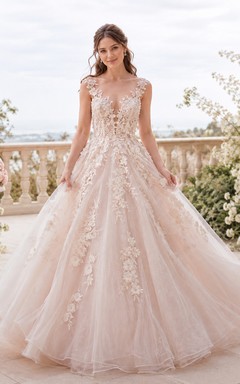Robe de bal romantique en dentelle florale rose poudré à bretelles en V et décolleté en V