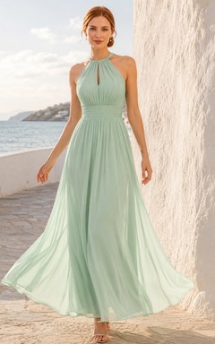 Mint green halter pleated chiffon floor length beach bridesmaid dress