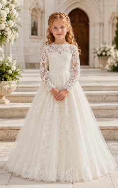 A-Line Flowergirl Lace Tulle Floor-Length Long Sleeve Classic Garden Wedding Gown with Floral Embroidery