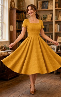 Robe midi trapèze vintage dorée à col bijou et manches courtes