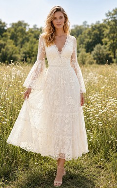 Boho V Neck Lace Bell Sleeve Tea Length Meadow Wedding Dress