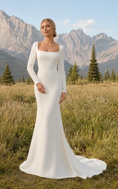 Robe de mariée sirène en satin à manches longues, col carré et traîne, boutonnée dans le dos, en satin et à col carré