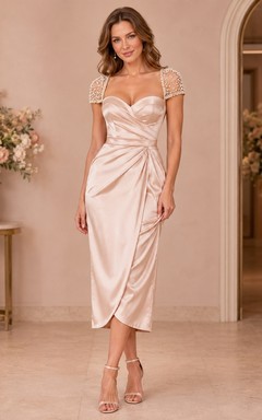Blush Satin Sweetheart Short-Sleeve Ruched Tea-Length Formal Dress