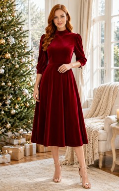Red Velvet Jewel Neck Long Sleeve Family Photo Midi Dress