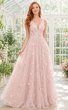 Blushing Pink Lace V-Neck Sleeveless A-Line Floor-length Formal Dress