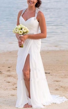 Elegantes Vintage-Strandkleid mit V-Ausschnitt, Perlenbesatz, rückenfreiem Schnitt und Schlitz vorne