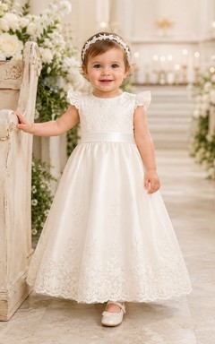 Baby Baptism Christening Ceremony Gown A-Line Tea-Length Jewel Neck Cap Sleeve Satin Tulle Bow Back Button Back