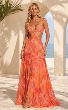 Coral print plunge cutout floor length beach maxi dress