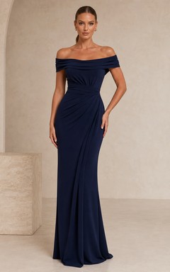 Dark Navy Off Shoulder Draped Column Formal Dress