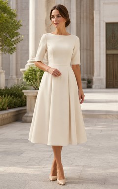 Cream Bateau Neck Short Sleeve Temple Ceremony Midi Dress