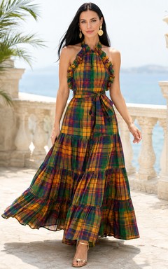 Dunkelgrünes Madras-Sommerkleid in A-Linie, bodenlang, mit Neckholder und Stufenrock
