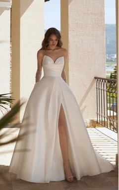 Ball Gown Empire Sweetheart Sleeveless Floor Length Satin Simple Wedding Dress with Ruching and Split Front