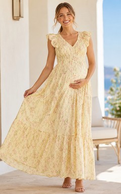 Daffodil Floral Maternity V-Neck Ruffle Sleeve Tiered Ankle Summer Dress