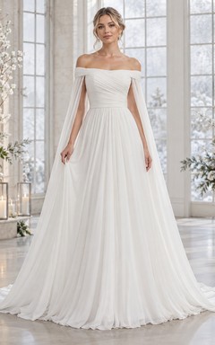 Schlichtes schulterfreies, plissiertes Chiffon-A-Linien-Hochzeitskleid mit Cape