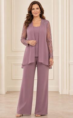 Vintage-Mauve-Hosenanzug mit asymmetrischem Schnitt, Spitzenärmeln, weitem Bein und längerem, mehrlagigem Blazer – perfekt für die Mutter der Braut.