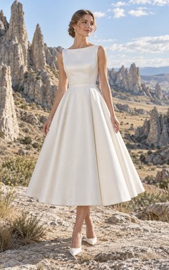 Sencillo vestido de novia de satén de corte A, largo hasta la rodilla, con escote barco y sin mangas, falda plisada.
