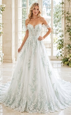 Celadon Botanical Brautkleid in A-Linie, schulterfrei, kurze Ärmel, Kathedralenschleppe, romantisch-elegant