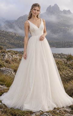 Simple V-Neck Sleeveless Tulle A-Line Floor-Length Bridal Wedding Dress