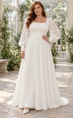 Vestido de novia de corte A, modesto, con escote cuadrado, manga larga, mangas transparentes y espalda abotonada.