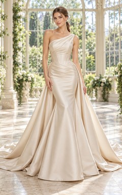 One Shoulder Champagne Sculpted Waist Satin Full Train Reception Bridal Gown