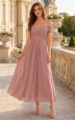 Vintage Dusty Rose schulterfreies Tüll-A-Linien-Kleid in Teelänge mit Falten