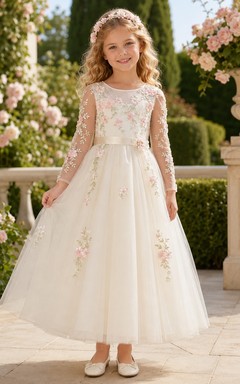 Elfenbeinfarbenes Blumenmädchenkleid mit floralem Illusionsärmeln, langem Tüll-A-Linien-Rock, appliziertem Oberteil und bodenlangem Rock