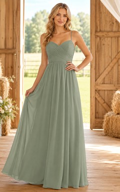 Sage Chiffon A-Line Strapless Sweetheart Sleeveless Pleated Zip Back Floor-Length Bridesmaid Dress