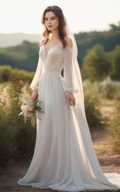 Vestido de novia bohemio de gasa fluida con mangas largas abullonadas y tirantes finos