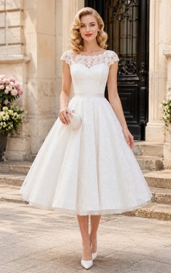 Civil Lace Cap Sleeve Tea-Length A-Line Wedding Dress