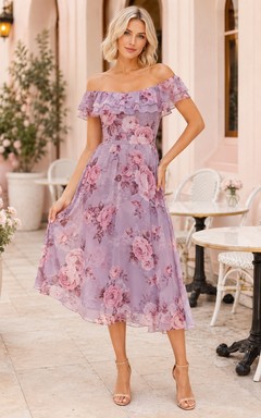 Robe mi-longue à manches bouffantes et épaules dénudées, imprimé floral lavande