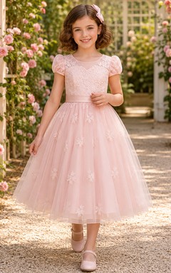 A-Line 1950s Tea-Length Flower Girl Dress with Puff Sleeves, Lace Bodice, Soft Tulle Skirt, Tea-Length Hem, 1950s Garden Style