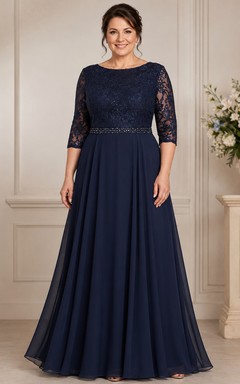 Plus Size A-Line Bateau 3/4 Length Sleeve Chiffon Mother Dress with Lace