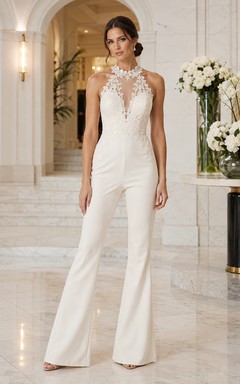 White Halter Floral Lace Bridal Jumpsuit with Open Back