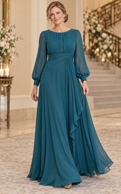 Vestido de gasa color verde azulado para la madre de la novia, corte imperio, largo hasta el suelo, escote barco, manga larga y volantes en cascada.