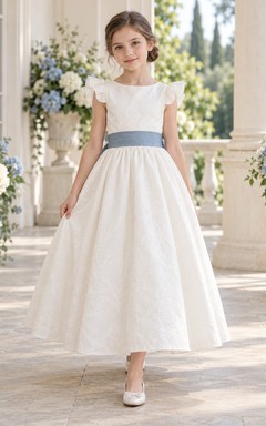 Ankle-length Simple Ivory A-line Textured Petal-sleeve Blue-sash Bow-back Flower Girl Dress