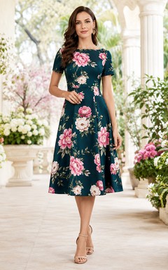 Teal floral short sleeve A-line botanical midi dress